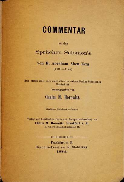 Birkat Avraham : ... perush Rabaʻ ʻal Sefer Mishle / ... [hotsi le-ʼor] Ḥayim Meʼir Horoṿits