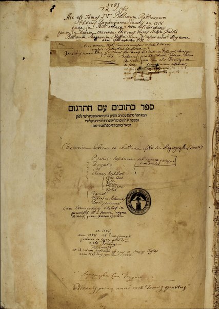 Arbaʻah ṿe-ʻeśrim : Ḥumash ʻim Targum Onḳelos ṿe-ʻim Perush Rashi, Neviʼim rishonim ṿe-Neviʼim aḥaronim ʻim Targum Yonatan ben ʻUziʼel ṿe-ʻim perush R. Daṿid Kimḥi, Tehilim ʻim Targum Rabi Yosef ṿe-ʻim perush Radaḳ, Mishle ʻim Targum Rabi Yosef ṿe-ʻim Perush Ḳav ṿe-naḳi, Iyov ịm Targum Rabi Yosef ṿe-ʻim perush ha-Ramban ṿe-Rabi Avraham Paritsol, Ḥamesh megilot ịm Targum Rabi Yosef ṿe-ʻim Perush Rashi, Daniʼel ʻim perush Rabi Leṿi ben Gershom, ʻEzra ʻim Perush Rashi ṿe-Shimʻoni, Divre ha-yamim ʻim Perush Rashi ṿe-Shimʻoni, Targum Yerushalmi ʻal ha-Ḥumash ṿe-targum aḥer ʻal Megilat Ester ṿe-Shaʻare ha-ṭeʻamim ṿeha-hafrashot she-ben Ben Asher u-Ven Naftali ʿal ha-Torah ʿim sheʼar devarim yafim.