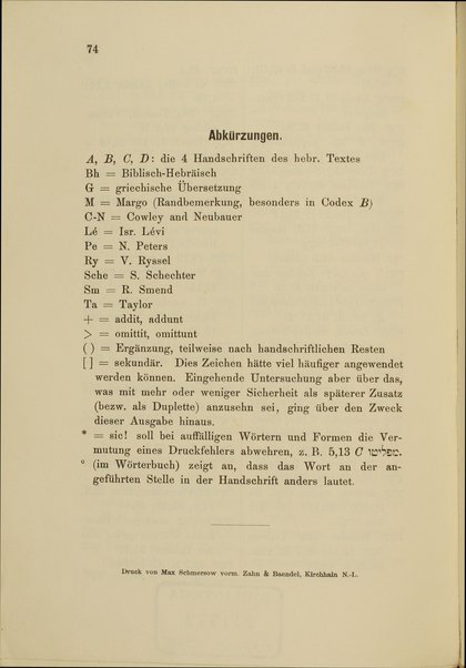 Die Sprüche Jesus', des Sohnes Sirachs : der juengst gefundene hebraeische Text mit Anmerkungen und Woerterbuch / herausgegeben von Hermann L.Strack.