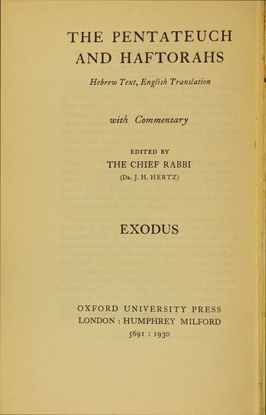 Ḥamishah ḥumshe Torah ʻim ha-Hafṭarot, nidpas ʻal pi ha-masorah u-meturgam Anglit im perush katsar melekhet siʻat hoge Torah uve-rosham Yosef Tsevi Herts.