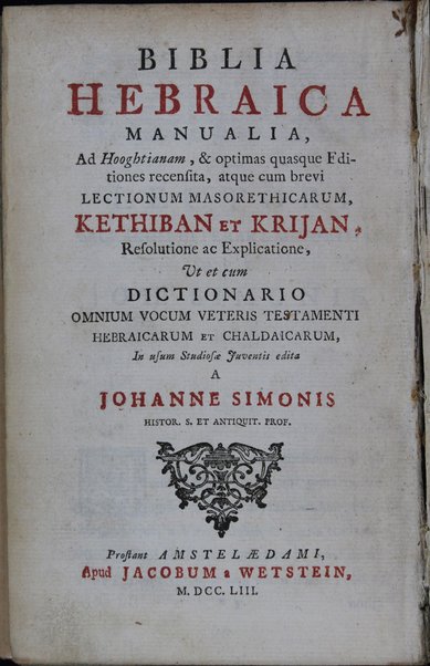 Biblia Hebraica manualia ad Hooghtianam et optimas quasque editiones recensita ... In usum studiosae juventis edita a Johanne Simonis