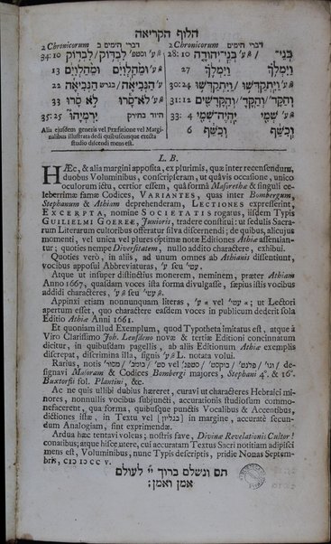 Torah, neviʼim u-khetuvim = Biblia hebraica : secundum ultimam editionem Jos. Athiae, a Johanne Leusden denuo recognitam / recensita atque ad Masoram, et correctiores Bombergi, Stephani, Plantini aliorumque editiones, exquisite adornata variisque notis illustrata ab Everardo van der Hooght.