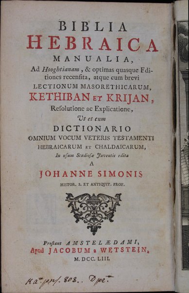 Biblia Hebraica manualia ad Hooghtianam et optimas quasque editiones recensita ... In usum studiosae juventis edita a Johanne Simonis