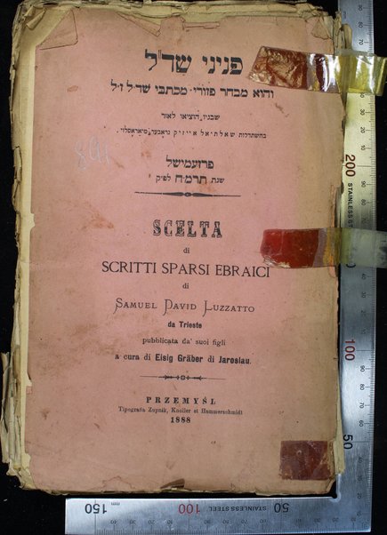 Penine Shadal : ṿe-hu mivḥar pezure mikhteve Shadal / she-banaṿ hotsiʼu la-or = Scelta di scritti sparsi ebraici / di Samuel David Luzzatto pubblicata da' suoi figli a cura di Eisig Gräber di Jaroslau.