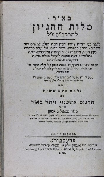 Beʼur milot ha-higayon : ... ʻim pe. Mosheh ben Menaḥem : ʻim targum Ashkenazi : beʼur / me-et Mosheh Shemuʼel Nayman ; ṿe-huśam ʻalaṿ nosafot hagahot meha-medaḳdeḳ Itsiḳ Saṭanov.