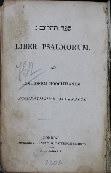 Liber Psalmorum : ad editionem Hooghtianem accuratissime adornatus.