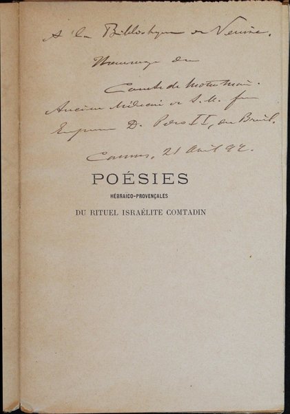 Poésies hébraico-provençales du rituel israélite comtadin / traduites et transcrites par S. M. dom Pedro II d'Alcantara ...