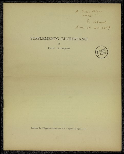 Supplemento Lucreziano / di Enzio Cetrangolo