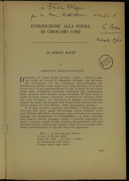 Introduzione alla poesia di Girolamo Comi / Oreste Macri'