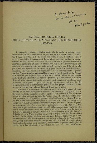 Ragguaglio sulla critica della giovane poesia italiana del dopoguerra 1955-1965 / Alberto Frattini