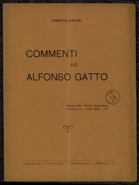 Commenti ad Alfonso Gatto / Oreste Macri