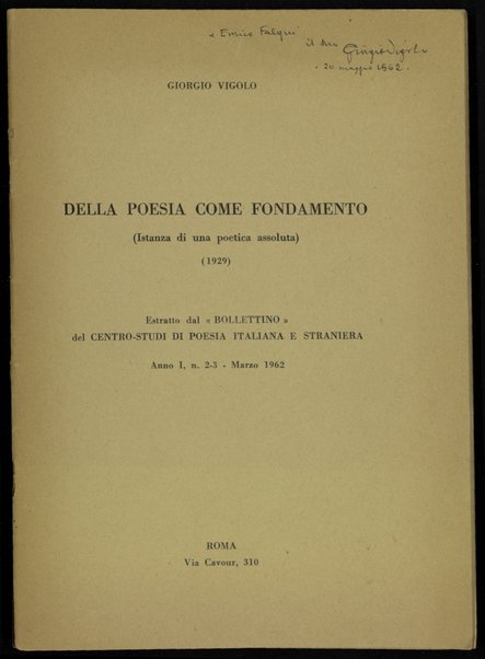 Della poesia come fondamento : istanza di una poetica assoluta (1929) / Giorgio Vigolo