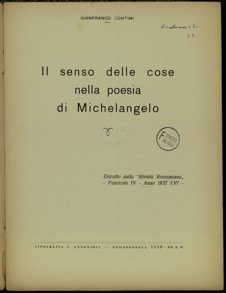 Il senso delle cose nella poesia di Michelangelo / Gianfranco Contini
