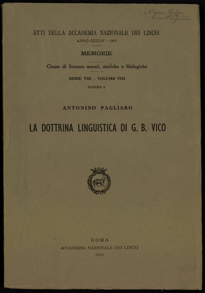 La dottrina linguistica di G.B. Vico / Antonino Pagliaro