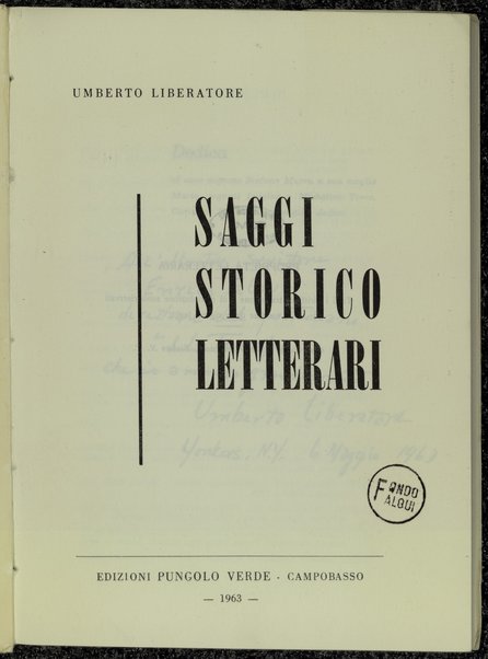 Saggi storico letterari / Umberto Liberatore