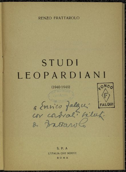 Studi leopardiani : (1940-1949) / Renzo Frattarolo