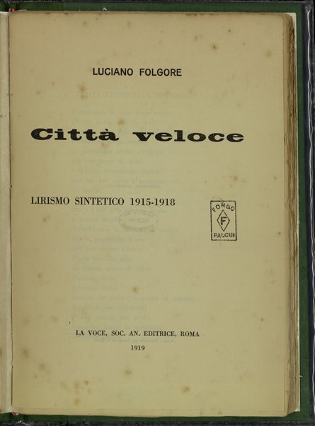 CittÃ  veloce : lirismo sintetico, 1915-1918 / Luciano Folgore