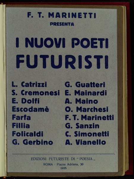 I nuovi poeti futuristi : L. Catrizzi, S. Cremonesi, E. Dolfi, Escodame, Farfa, Fillia, Folicaldi, G. Gerbino, G. Guatteri, E. Mainardi, A. Maino, O. Marchesi, F. T. Marinetti, G. Sanzin, C. Simonetti, A. Vianello / F. T. Marinetti presenta