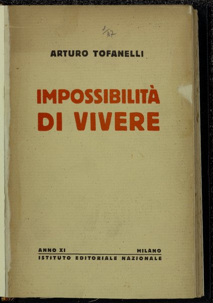 ImpossibilitÃ  di vivere / Arturo Tofanelli