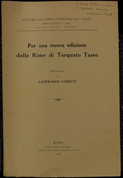 Per una nuova edizione delle Rime di Torquato Tasso / memoria di Lanfranco Caretti