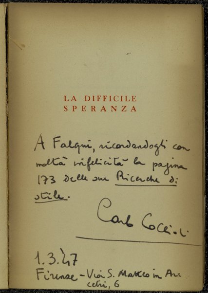 La difficile speranza : romanzo / Carlo CÃ²ccioli