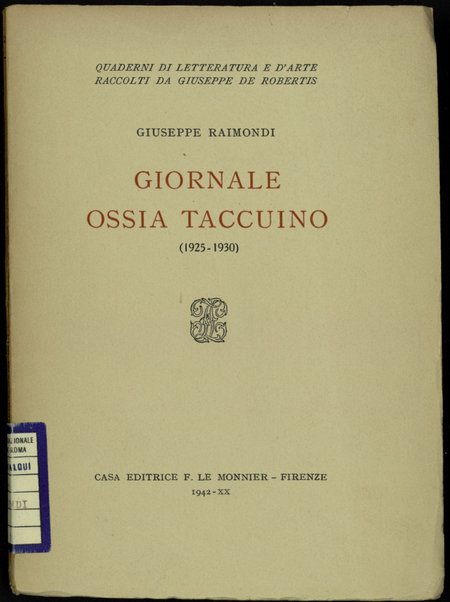 Giornale ossia taccuino : (1925-1930) / Giuseppe Raimondi