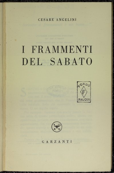 I frammenti del sabato /  Cesare Angelini