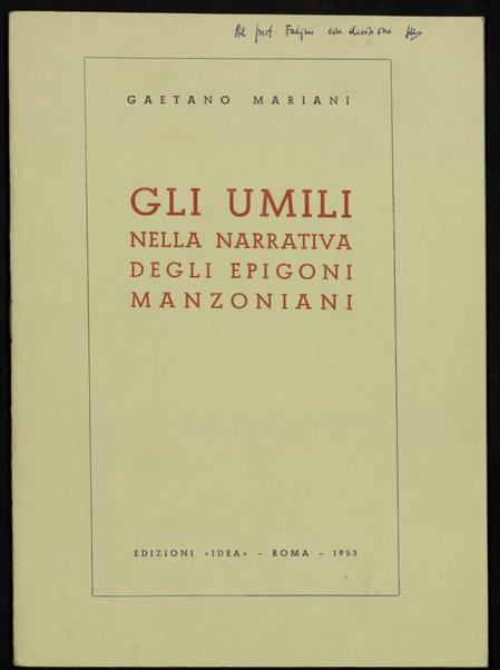 Gli umili nella narrativa degli epigoni manzoniani / Gaetano Mariani