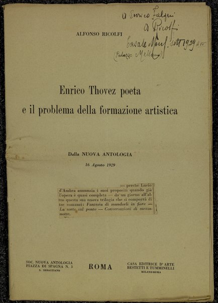 Enrico Thovez poeta e il problema della formazione artistica / Alfonso Ricolfi