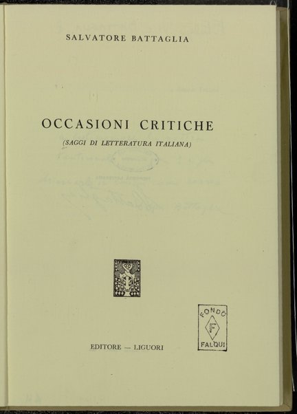 Occasioni critiche : (saggi di letteratura italiana) / Salvatore Battaglia