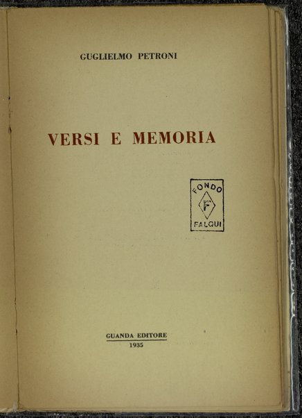 Versi e memoria / Guglielmo Petroni