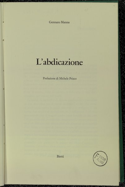 L'abdicazione / Gennaro Manna ; prefazione di Michele Prisco