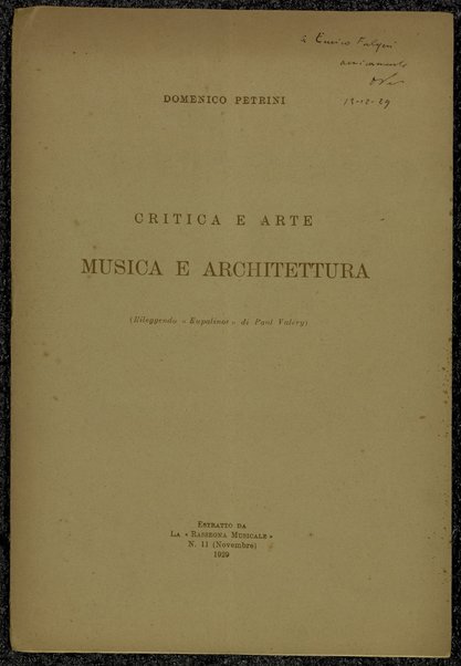 Critica e arte : Musica e architettura (rileggendo Eupalinos di Paul ValÃ©ry) / Domenico Petrini