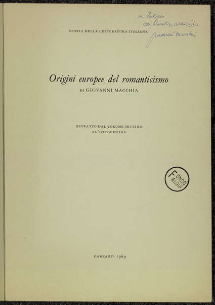 Origini europee del romanticismo / di Giovanni Macchia