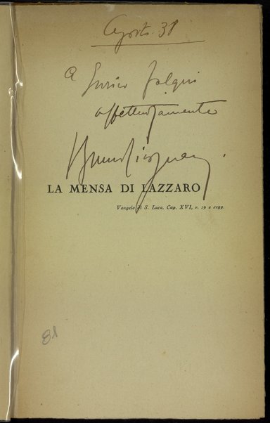 La mensa di Lazzaro / Bruno Cicognani