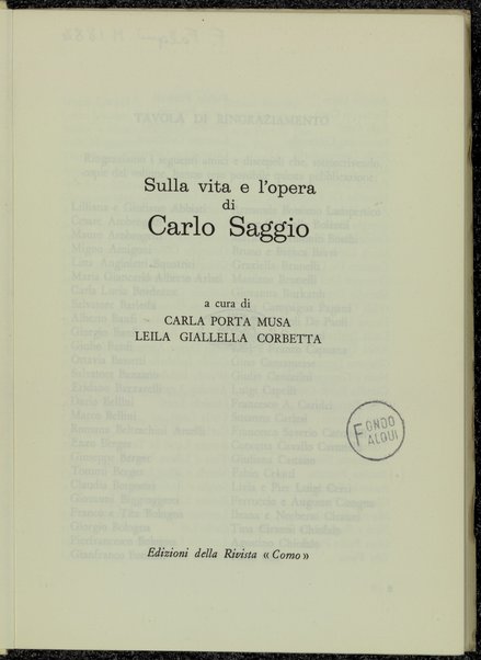 Sulla vita e l'opera di Carlo Saggio / a cura di Carla Porta Musa, Leila Giallella Corbetta