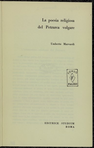 La poesia religiosa del Petrarca volgare / Umberto Marvardi