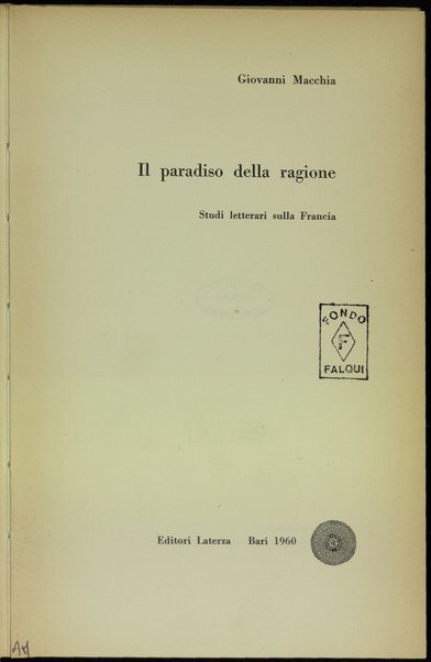 Il paradiso della ragione : studi letterari sulla Francia / Giovanni Macchia