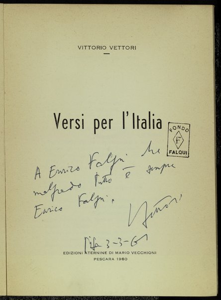 Versi per l'Italia / Vittorio Vettori