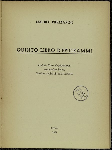 Quinto libro d'epigrammi / Emidio Piermarini