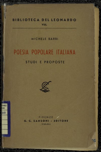 Poesia popolare italiana : studi e proposte / Michele Barbi